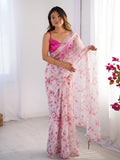 Pink Floral Printed Organza Saree With Blouse Piece