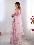Pink Floral Printed Organza Saree With Blouse Piece