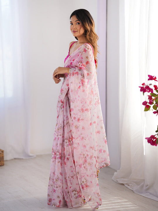 Pink Floral Printed Organza Saree With Blouse Piece