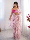 Pink Floral Printed Organza Saree With Blouse Piece