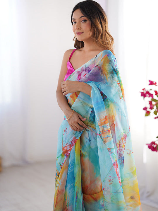 Multicolor Printed Organza Saree With Blouse Piece