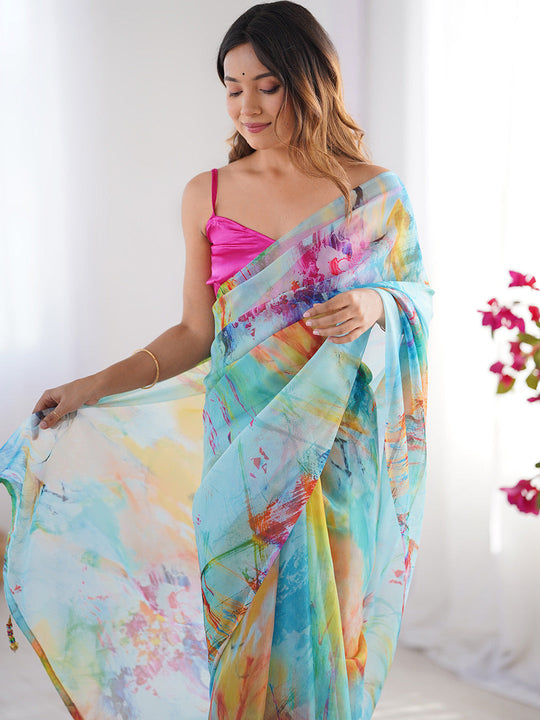 Multicolor Printed Organza Saree With Blouse Piece