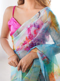 Multicolor Printed Organza Saree With Blouse Piece