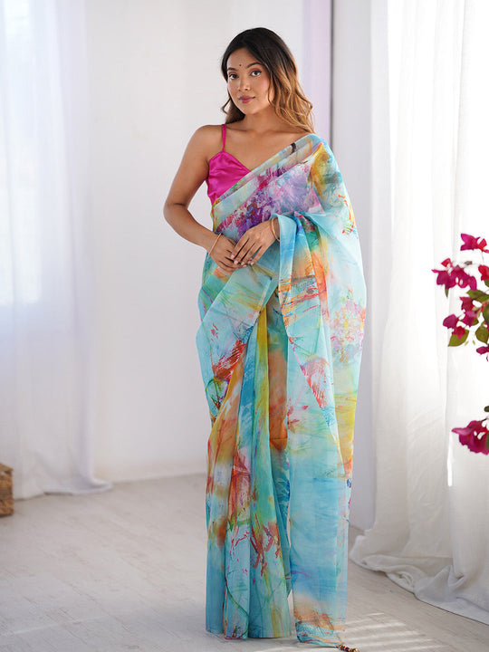 Multicolor Printed Organza Saree With Blouse Piece
