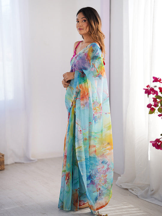 Multicolor Printed Organza Saree With Blouse Piece