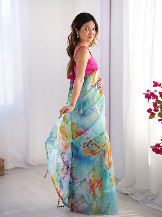 Multicolor Printed Organza Saree With Blouse Piece