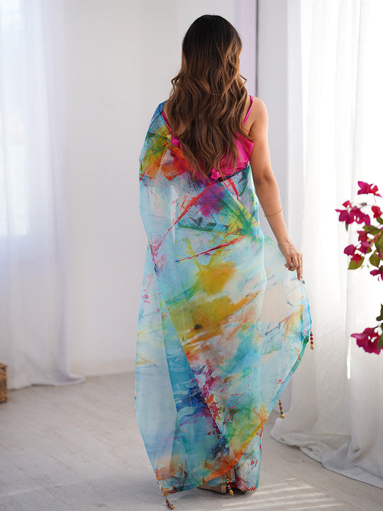 Multicolor Printed Organza Saree With Blouse Piece