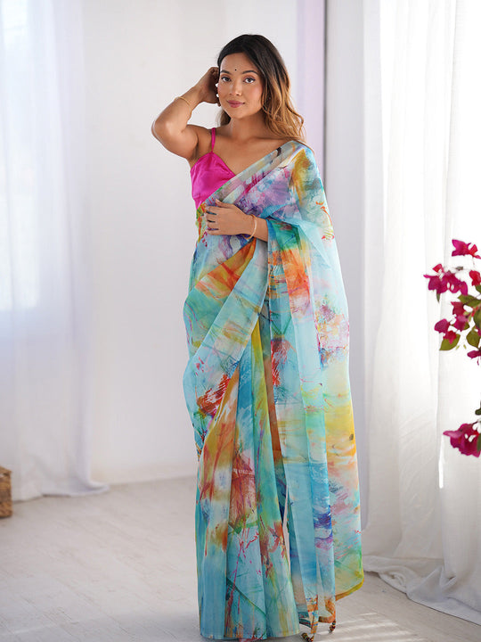 Multicolor Printed Organza Saree With Blouse Piece