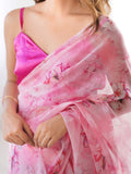 Pink Floral Printed Organza Saree With Blouse Piece