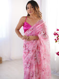 Pink Floral Printed Organza Saree With Blouse Piece