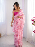 Pink Floral Printed Organza Saree With Blouse Piece