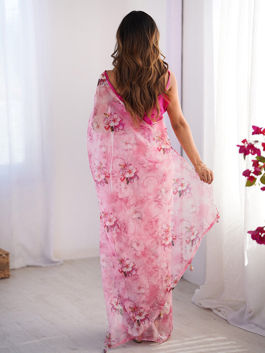 Pink Floral Printed Organza Saree With Blouse Piece