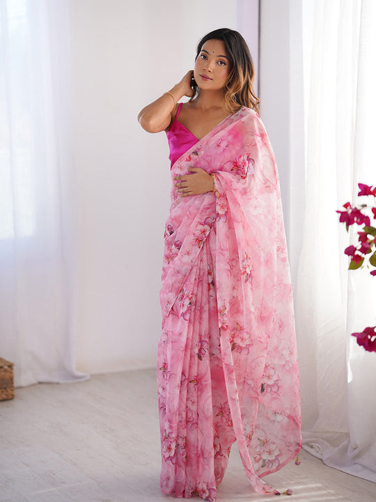 Pink Floral Printed Organza Saree With Blouse Piece