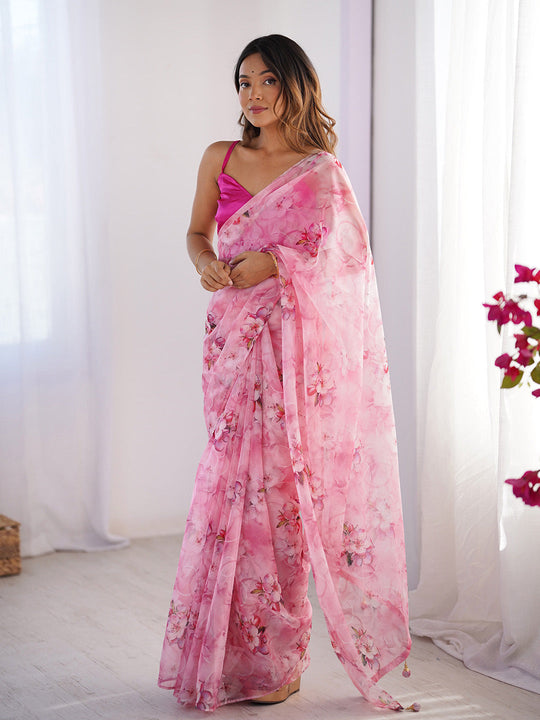 Pink Floral Printed Organza Saree With Blouse Piece