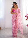 Pink Floral Printed Organza Saree With Blouse Piece