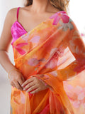 Orange Floral Printed Organza Saree With Blouse Piece
