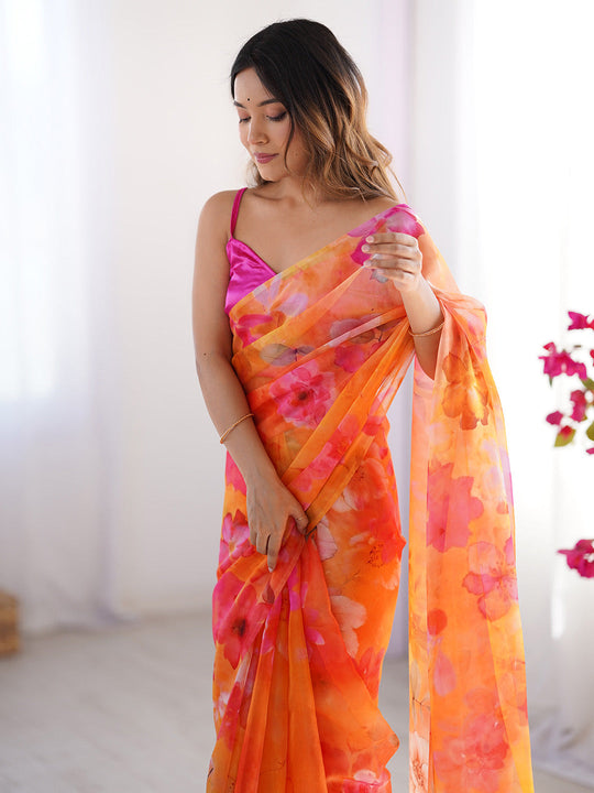 Orange Floral Printed Organza Saree With Blouse Piece