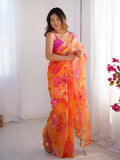 Orange Floral Printed Organza Saree With Blouse Piece
