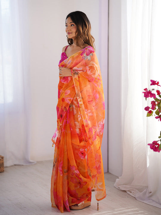 Orange Floral Printed Organza Saree With Blouse Piece
