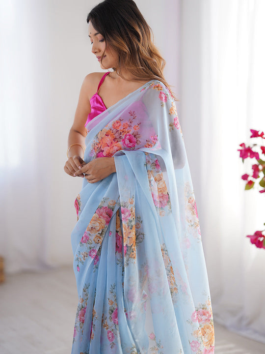 Turquoise Blue Floral Printed Organza Saree With Blouse Piece
