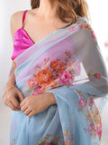 Turquoise Blue Floral Printed Organza Saree With Blouse Piece