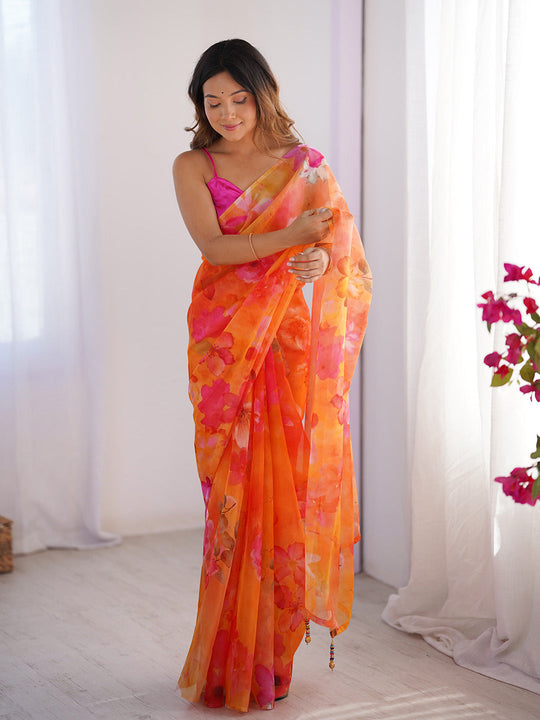 Orange Floral Printed Organza Saree With Blouse Piece