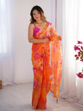 Orange Floral Printed Organza Saree With Blouse Piece