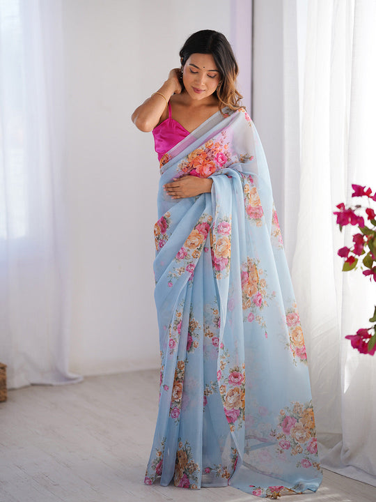 Turquoise Blue Floral Printed Organza Saree With Blouse Piece