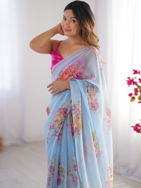 Turquoise Blue Floral Printed Organza Saree With Blouse Piece