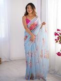 Turquoise Blue Floral Printed Organza Saree With Blouse Piece