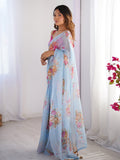 Turquoise Blue Floral Printed Organza Saree With Blouse Piece