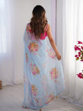 Turquoise Blue Floral Printed Organza Saree With Blouse Piece