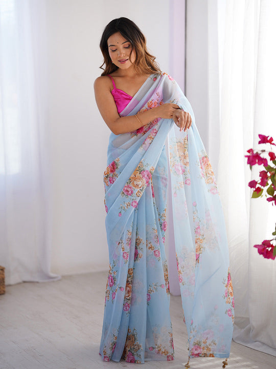 Turquoise Blue Floral Printed Organza Saree With Blouse Piece