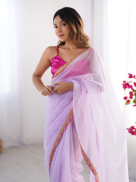 Lavender Sequinned Solid Organza Saree With Blouse Piece