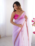 Lavender Sequinned Solid Organza Saree With Blouse Piece