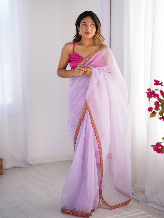 Lavender Sequinned Solid Organza Saree With Blouse Piece