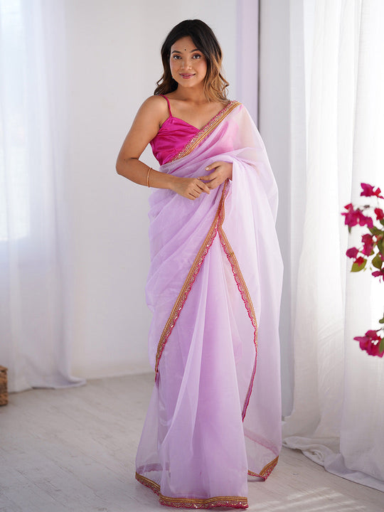 Lavender Sequinned Solid Organza Saree With Blouse Piece