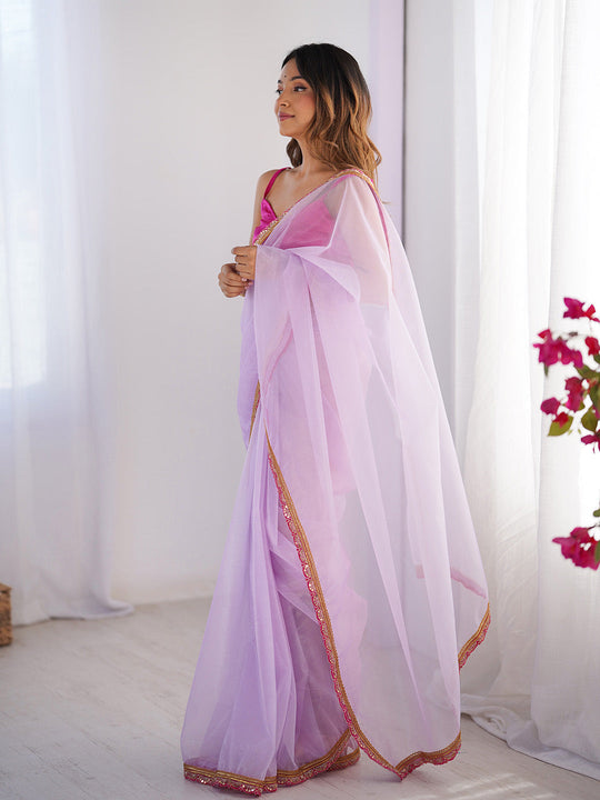 Lavender Sequinned Solid Organza Saree With Blouse Piece