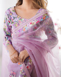 Lavender Floral Printed Embellished Organza Saree With Blouse Piece