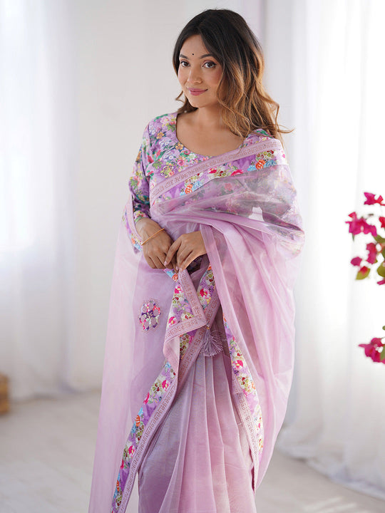 Lavender Floral Printed Embellished Organza Saree With Blouse Piece