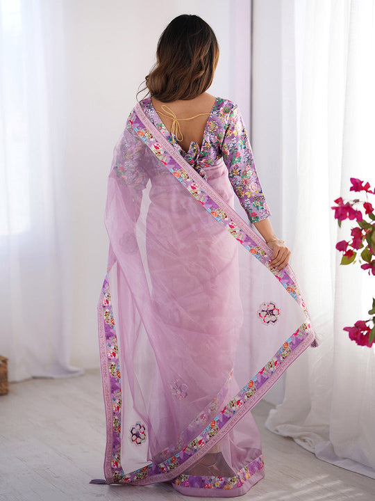 Lavender Floral Printed Embellished Organza Saree With Blouse Piece