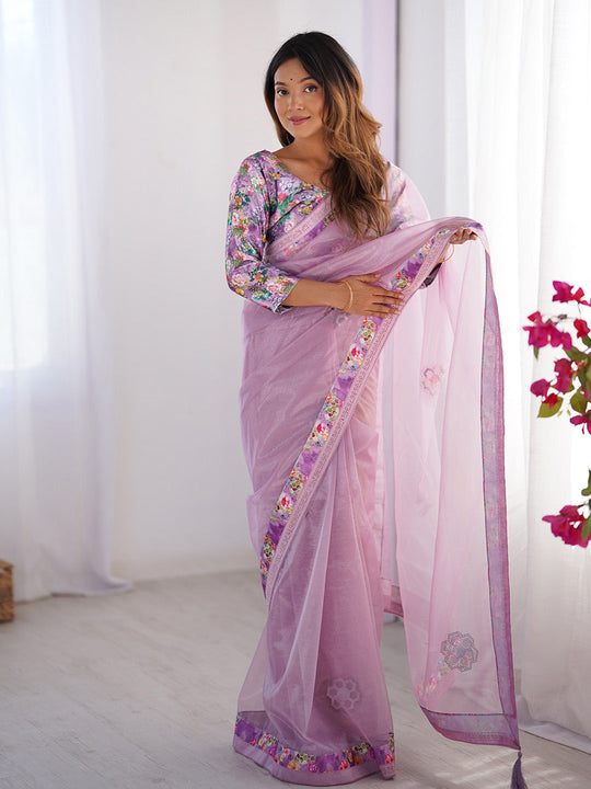 Lavender Floral Printed Embellished Organza Saree With Blouse Piece