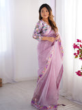 Lavender Floral Printed Embellished Organza Saree With Blouse Piece