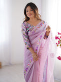Lavender Floral Printed Embellished Organza Saree With Blouse Piece