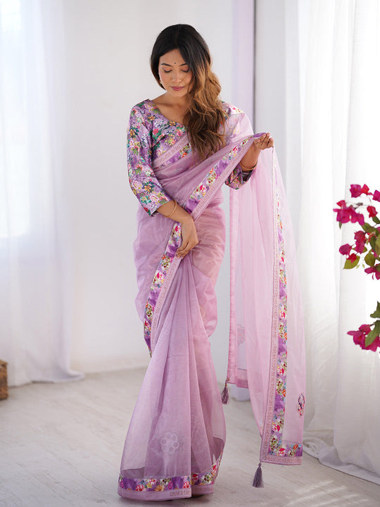 Lavender Floral Printed Embellished Organza Saree With Blouse Piece