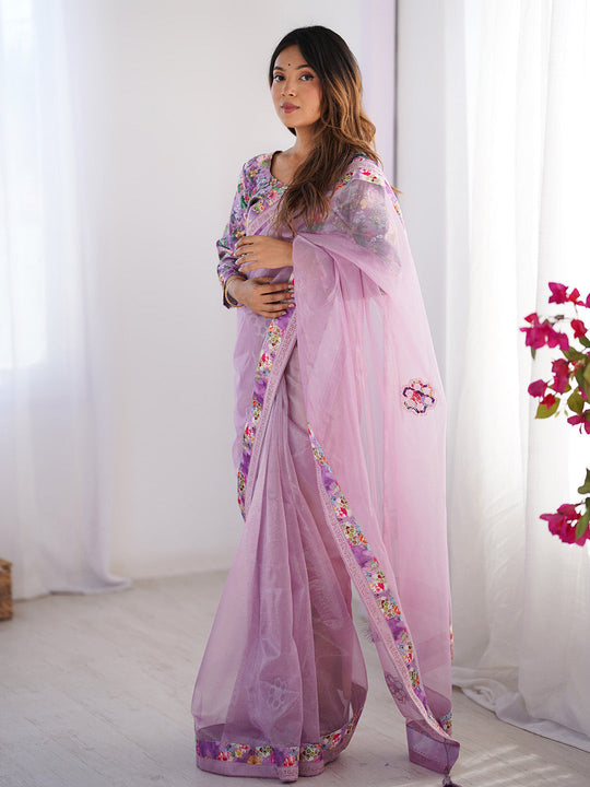 Lavender Floral Printed Embellished Organza Saree With Blouse Piece