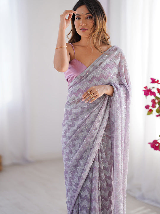 Lavender Sequinned Lycra Saree With Blouse Piece