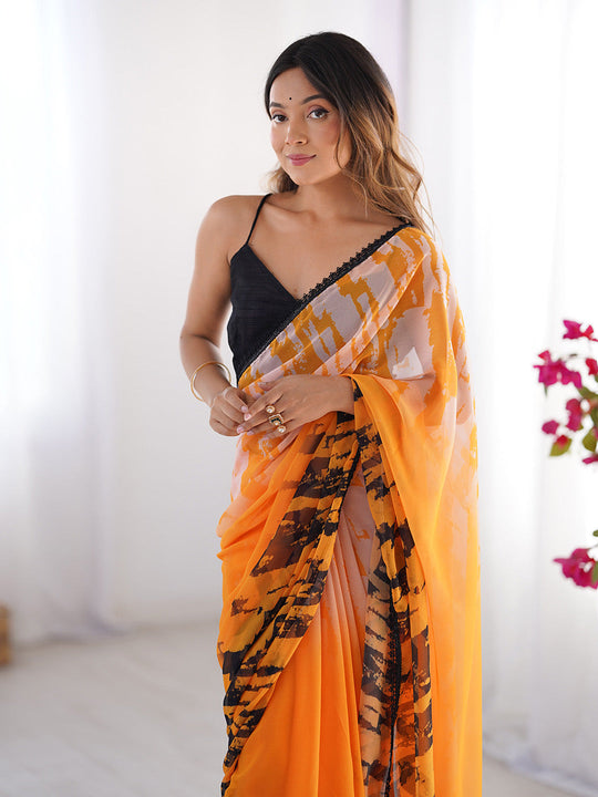 Orange & Black Printed Chiffon Saree With Blouse Piece