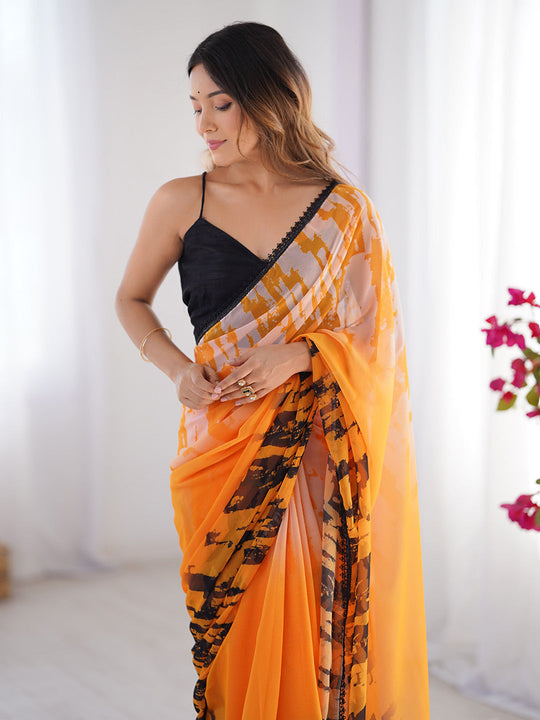 Orange & Black Printed Chiffon Saree With Blouse Piece