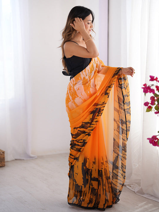 Orange & Black Printed Chiffon Saree With Blouse Piece